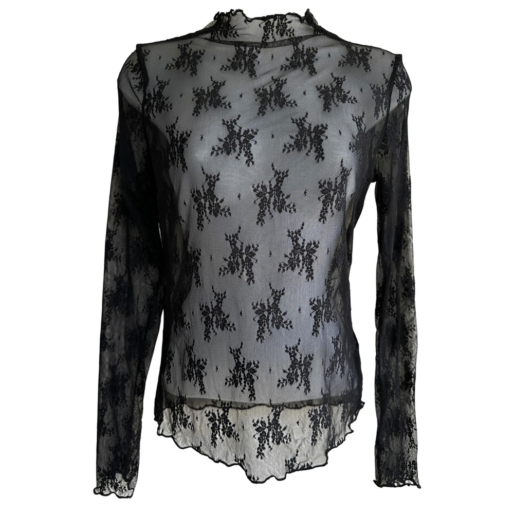 Envie Floral Lace Sheer Mesh Mock Neck Long Sleeve Top L Whimsigoth Coquette
